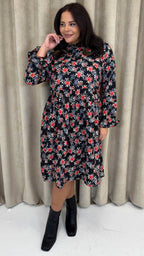 CurveWow High Neck Smock Dress Black Floral