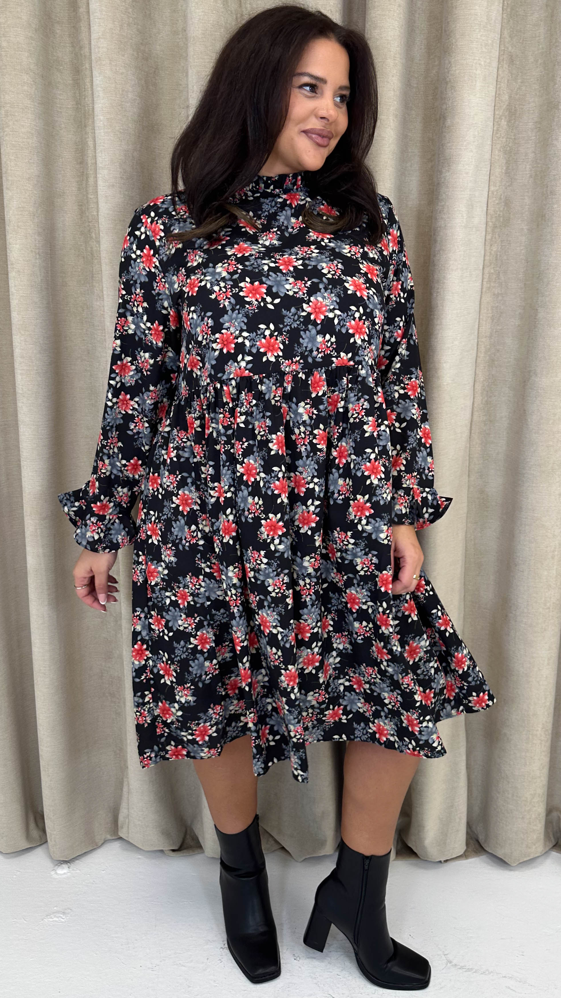 CurveWow High Neck Smock Dress Black Floral