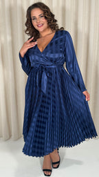CurveWow Long Sleeve Pleated Wrap Dress Navy Stripe