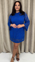 CurveWow Floral Lace Shift Dress Cobalt Blue