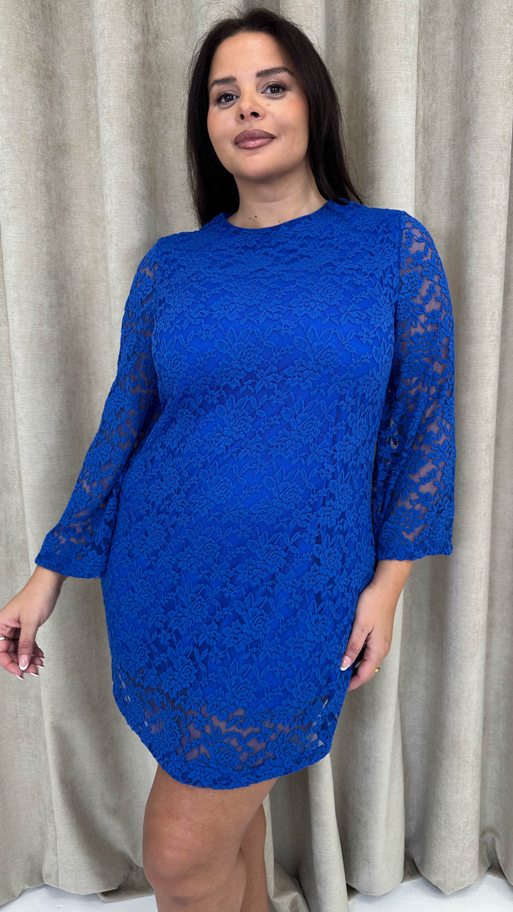 CurveWow Floral Lace Shift Dress Cobalt Blue