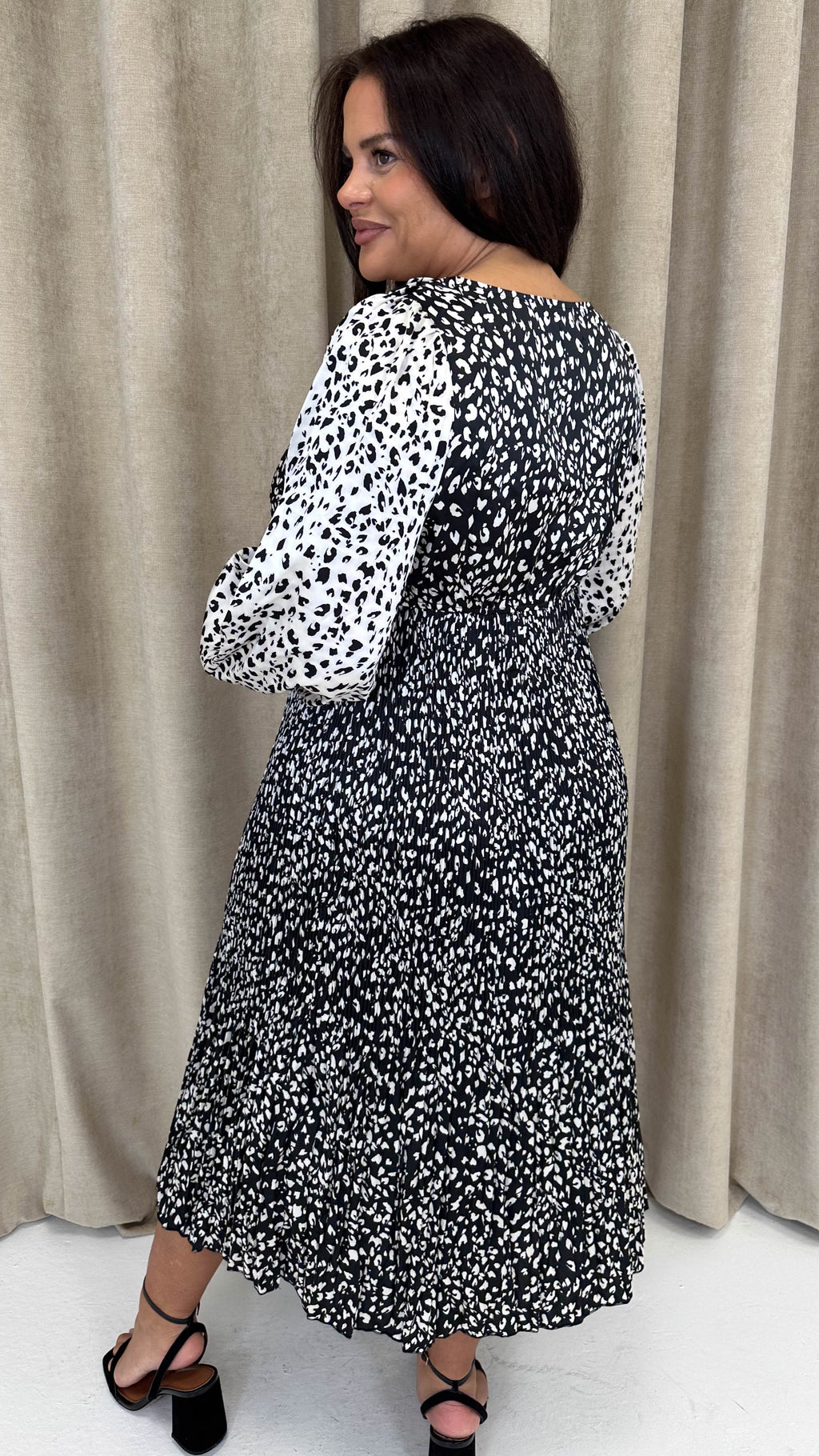 CurveWow Spliced Cowl Neck Pleated Midi Dress Mono Animal