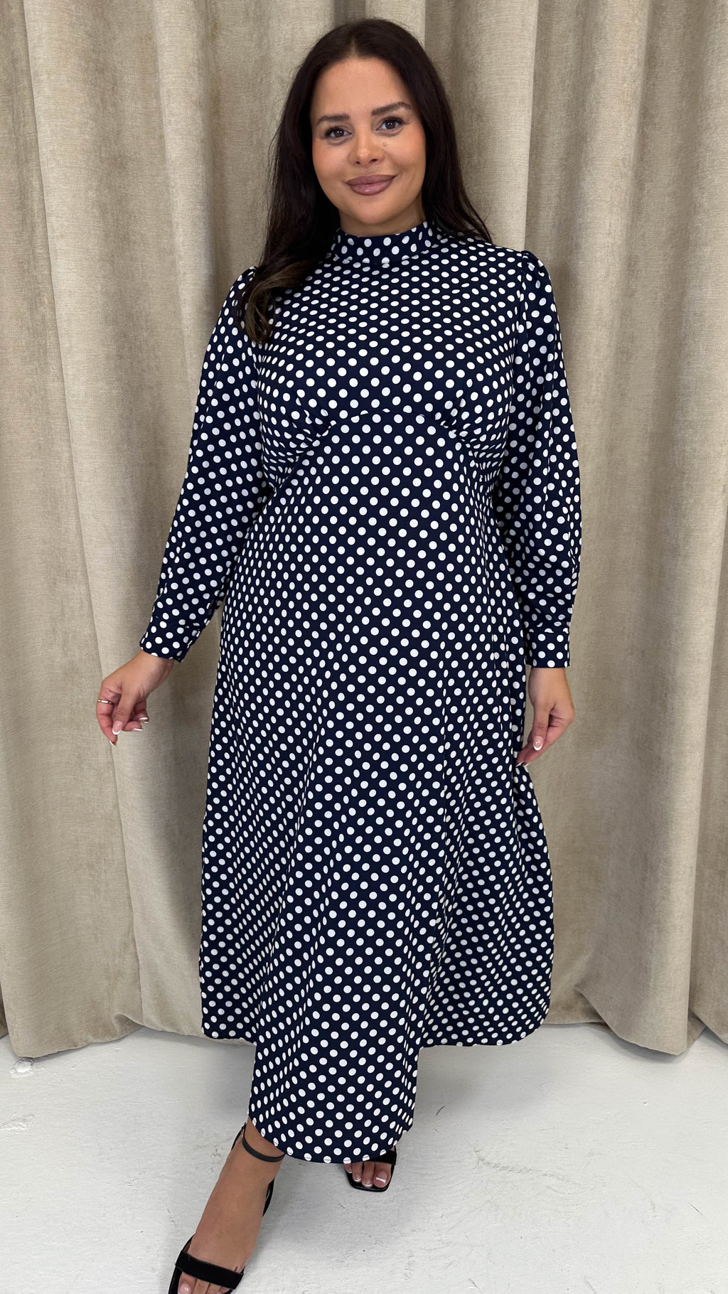 CurveWow High Neck Polka Maxi Dress Navy