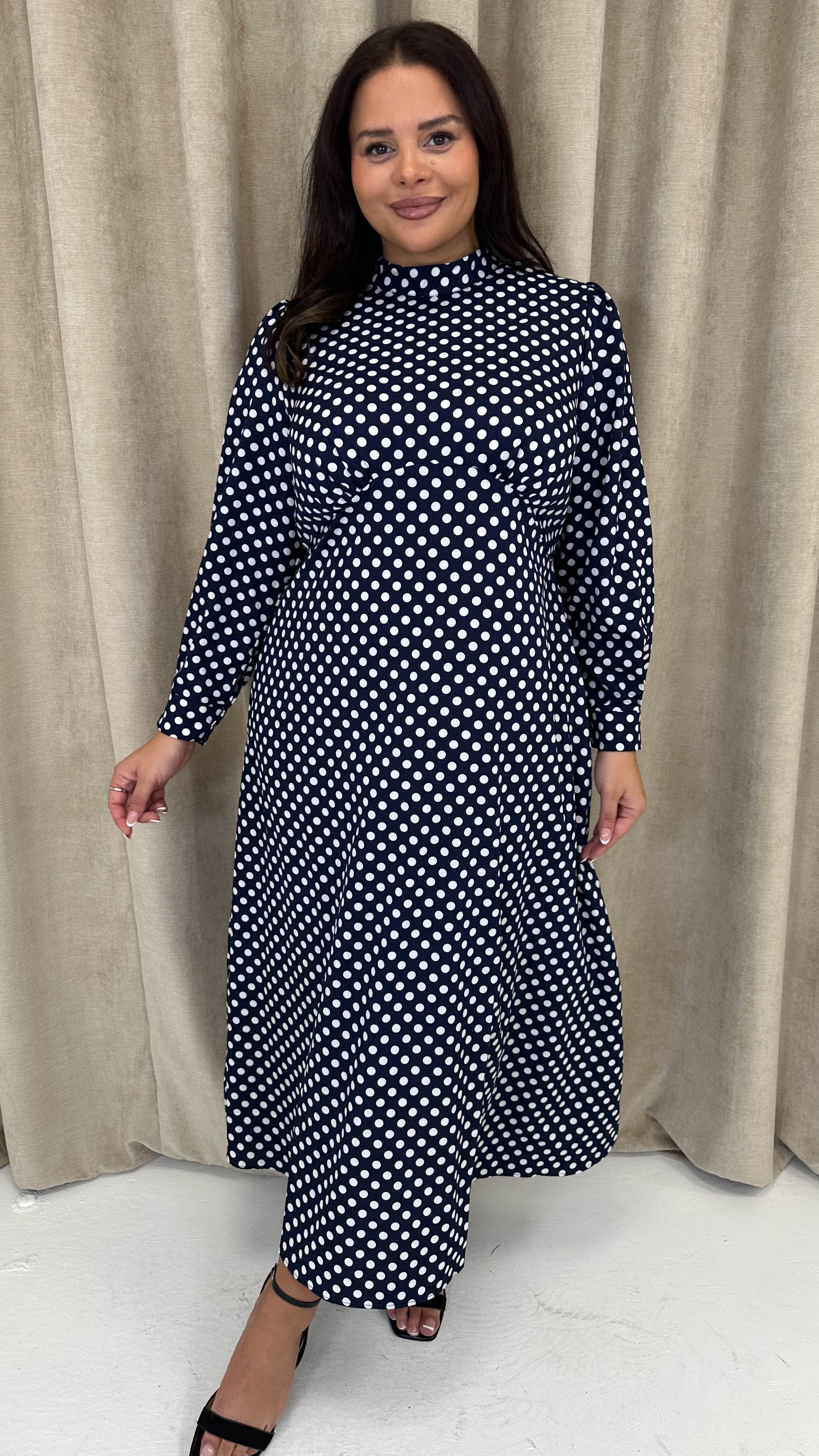CurveWow High Neck Polka Maxi Dress Navy