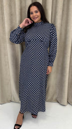 CurveWow High Neck Polka Maxi Dress Navy