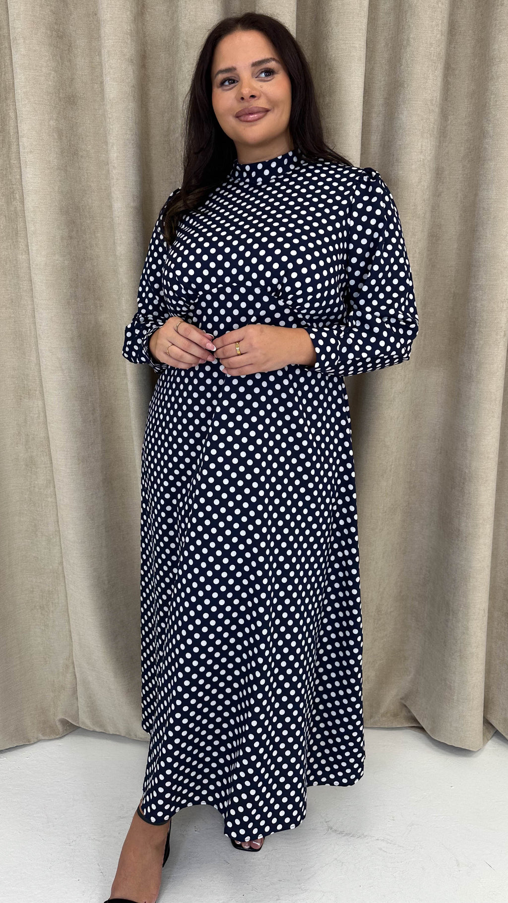 CurveWow High Neck Polka Maxi Dress Navy
