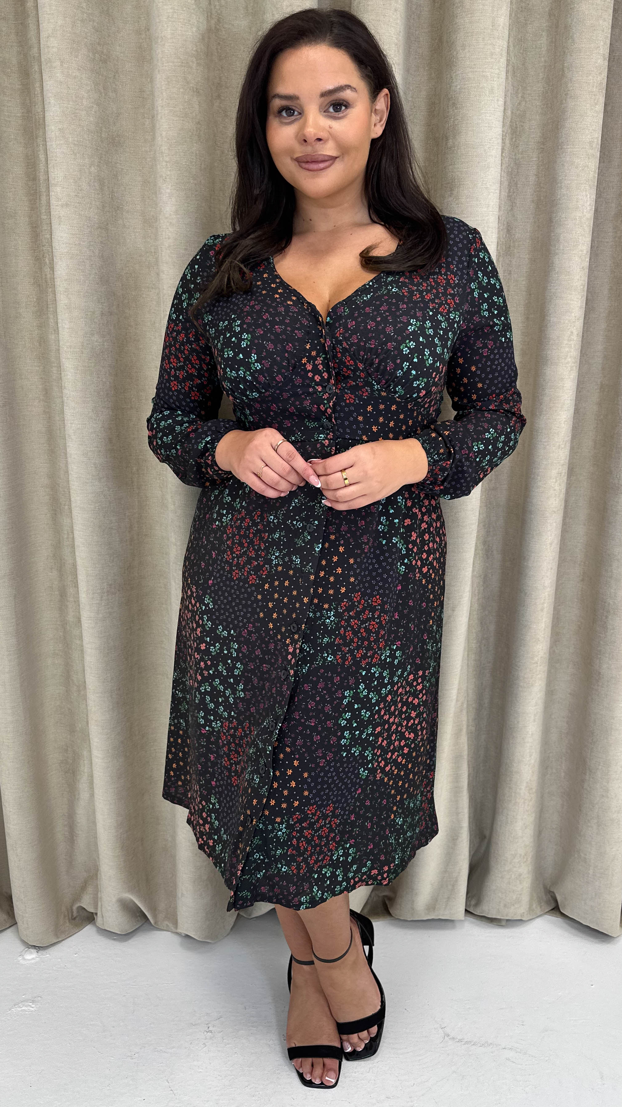 CurveWow Woven Button Front Dress Patchwork Floral