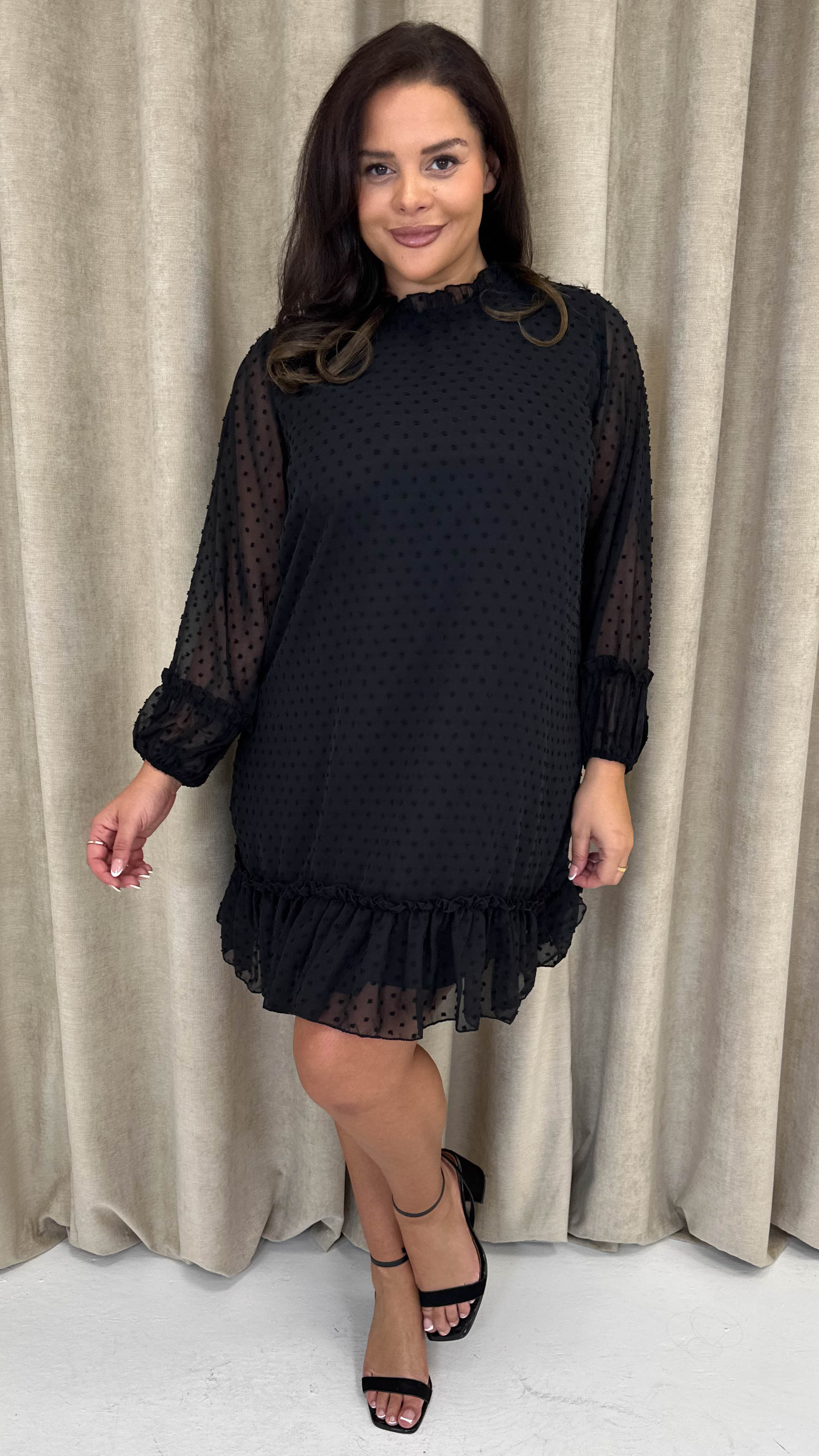CurveWow High Neck Dobby Mesh Mini Dress Black