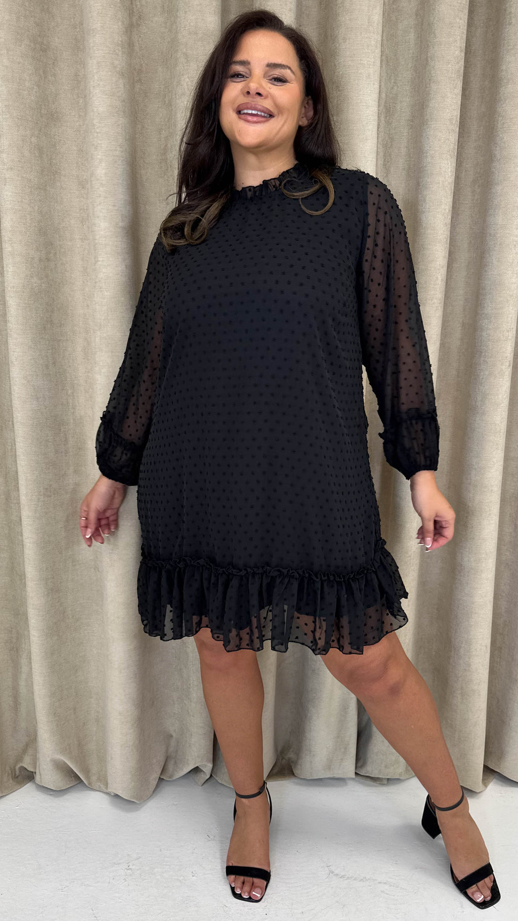 CurveWow High Neck Dobby Mesh Mini Dress Black