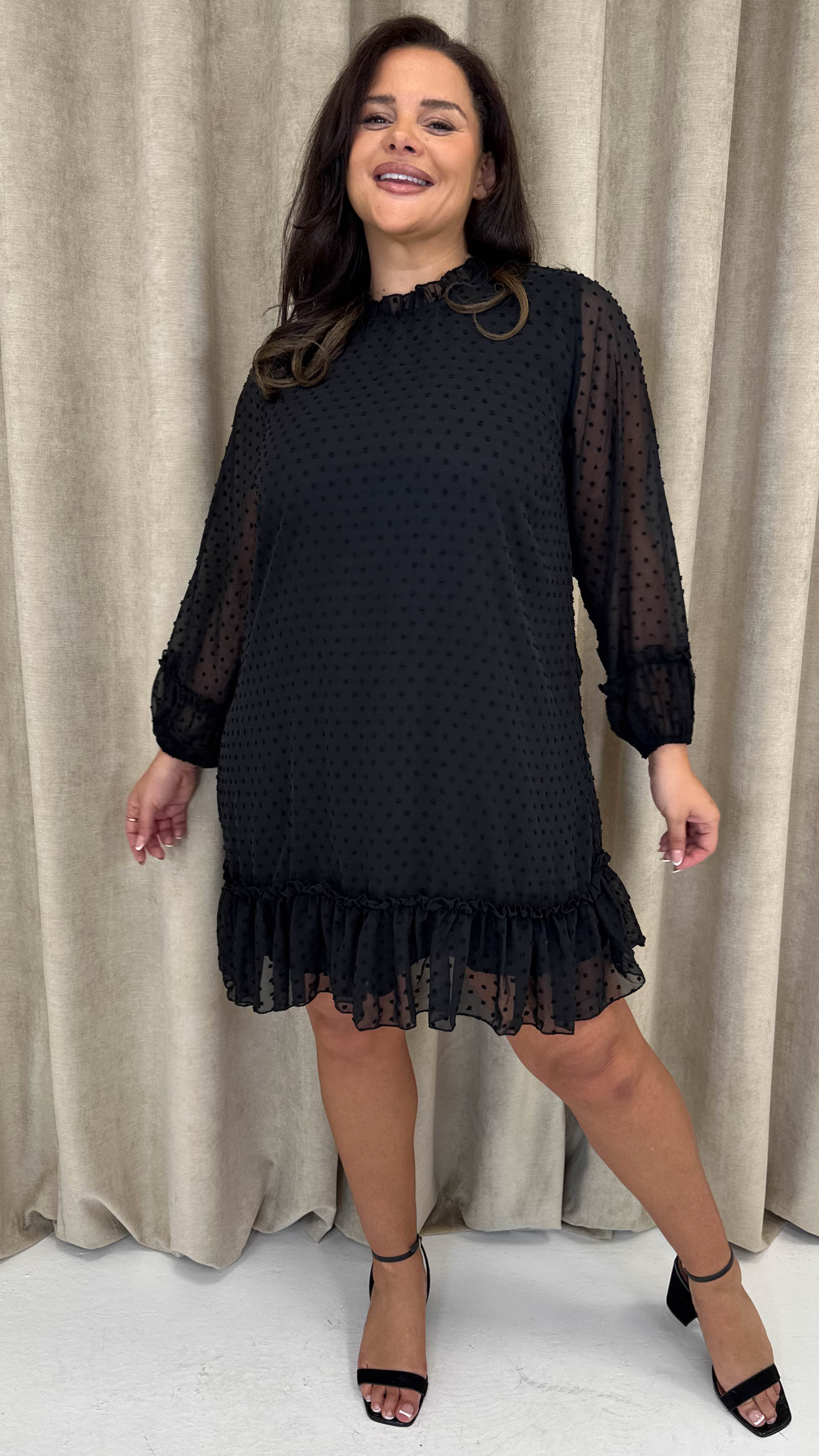 CurveWow High Neck Dobby Mesh Mini Dress Black