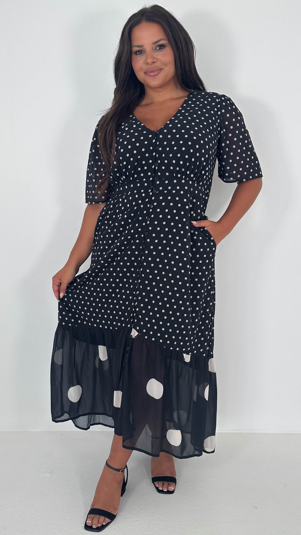 CurveWow Double Spot Frill Hem Maxi Dress Black