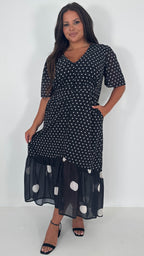 CurveWow Double Spot Frill Hem Maxi Dress Black