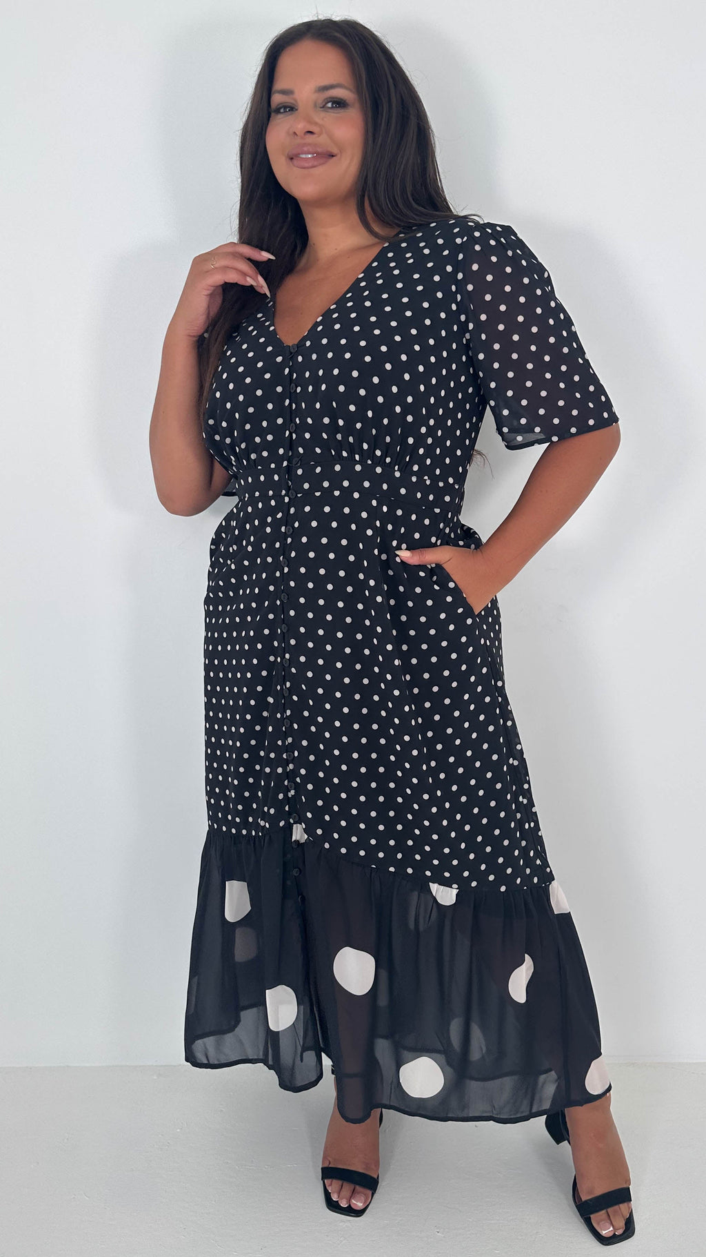 CurveWow Double Spot Frill Hem Maxi Dress Black