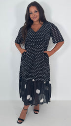 CurveWow Double Spot Frill Hem Maxi Dress Black