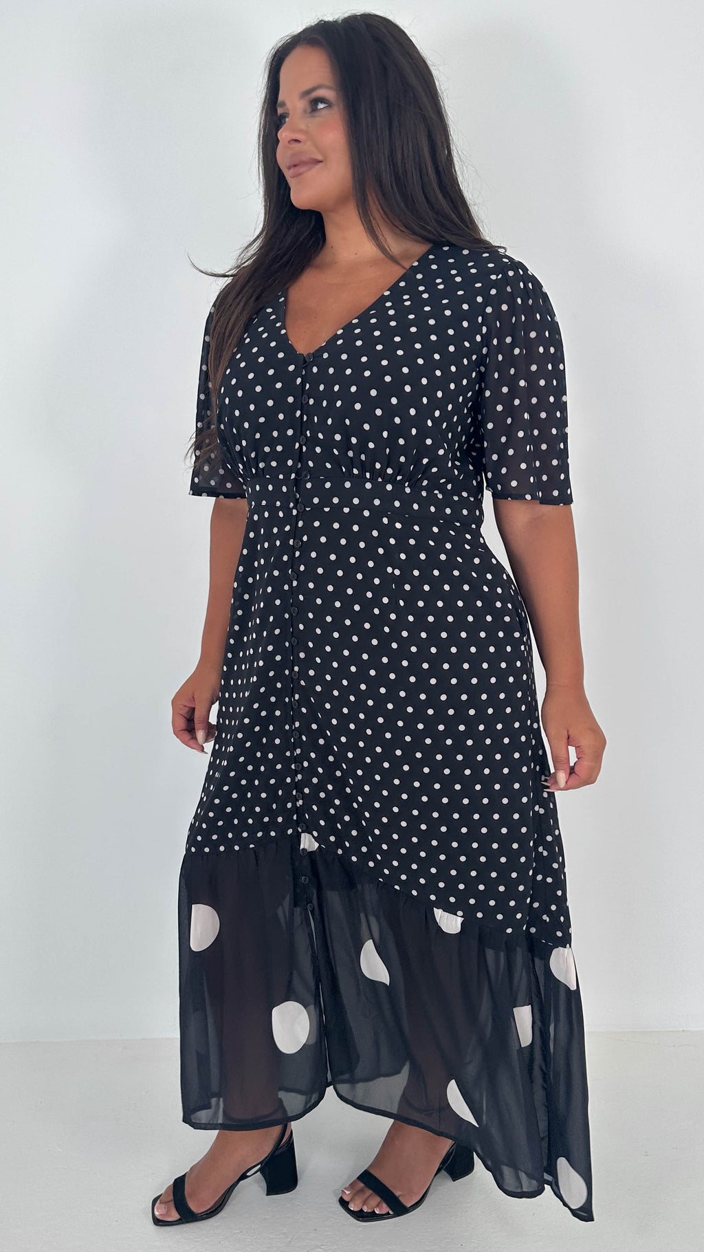 CurveWow Double Spot Frill Hem Maxi Dress Black