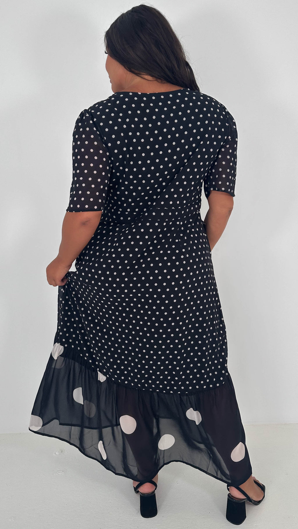 CurveWow Double Spot Frill Hem Maxi Dress Black