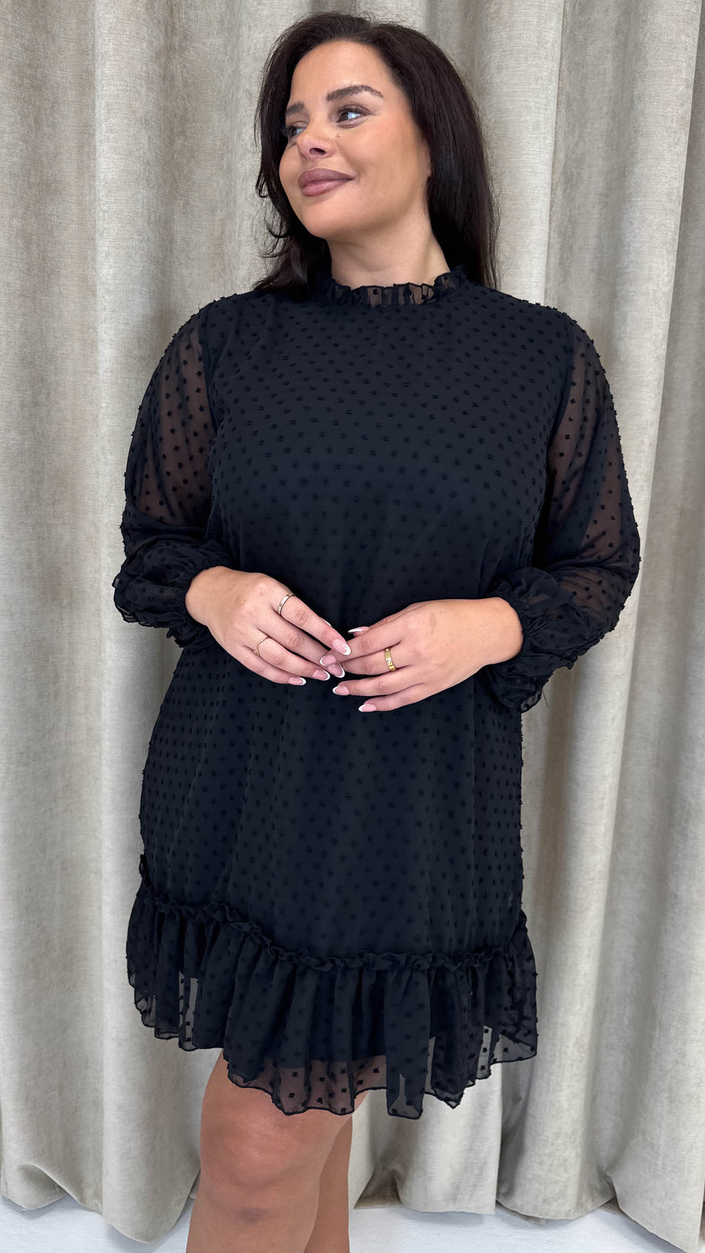 CurveWow High Neck Dobby Mesh Mini Dress Black
