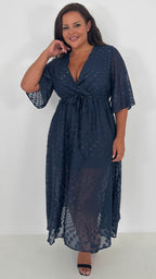 CurveWow Flared Sleeve Maxi Dress Navy Spot