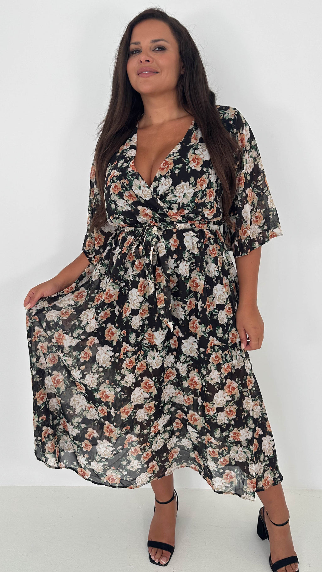 CurveWow Flared Sleeve Maxi Dress Black Floral