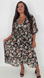 CurveWow Flared Sleeve Maxi Dress Black Floral