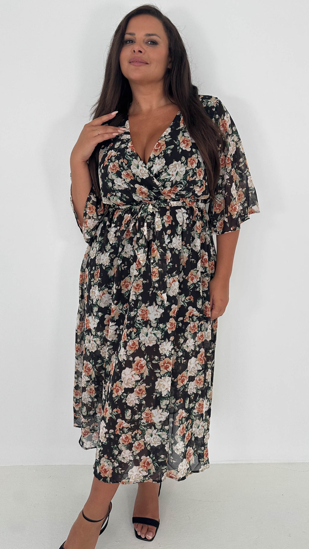 CurveWow Flared Sleeve Maxi Dress Black Floral