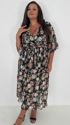 CurveWow Flared Sleeve Maxi Dress Black Floral