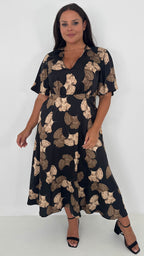 CurveWow Gathered Bust Maxi Dress Black & Gold Floral