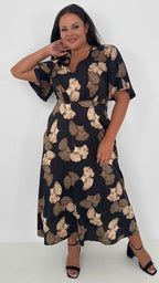 CurveWow Gathered Bust Maxi Dress Black & Gold Floral