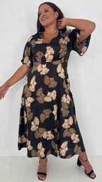 CurveWow Gathered Bust Maxi Dress Black & Gold Floral