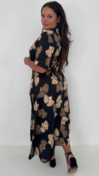 CurveWow Gathered Bust Maxi Dress Black & Gold Floral