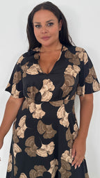 CurveWow Gathered Bust Maxi Dress Black & Gold Floral