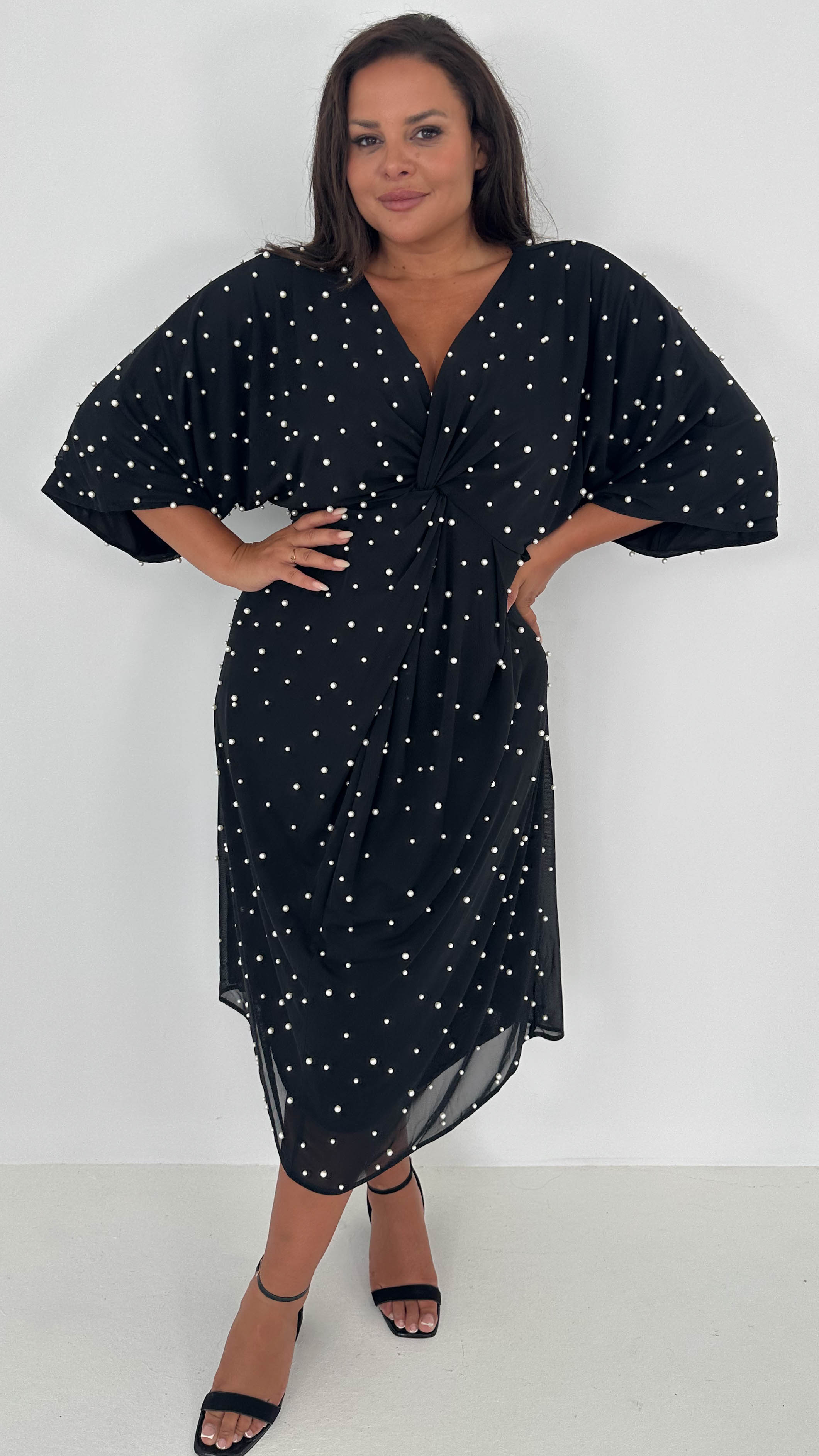 CurveWow Pearl Embellished Knot Front Dress Black