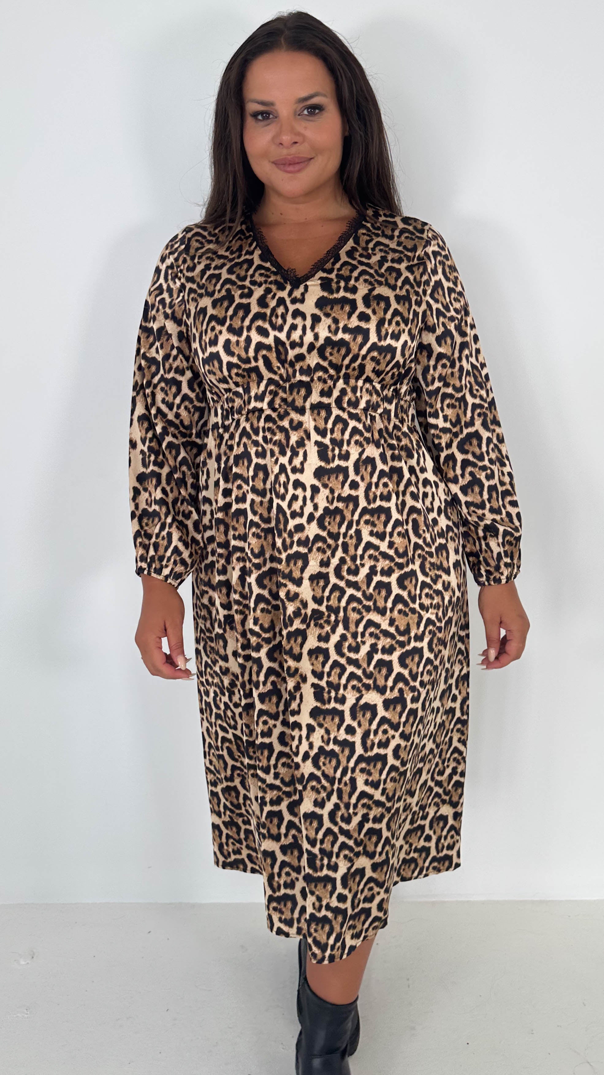 CurveWow Lace Trim Midi Dress Leopard Print
