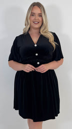 CurveWow Velvet Diamante Button Front Mini Dress Black