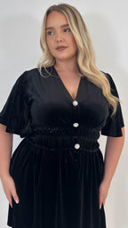 CurveWow Velvet Diamante Button Front Mini Dress Black