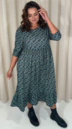 CurveWow Floral Smock Dress Blue/Green