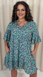 CurveWow V Neck Frill Sleeve Smock Dress Green Floral