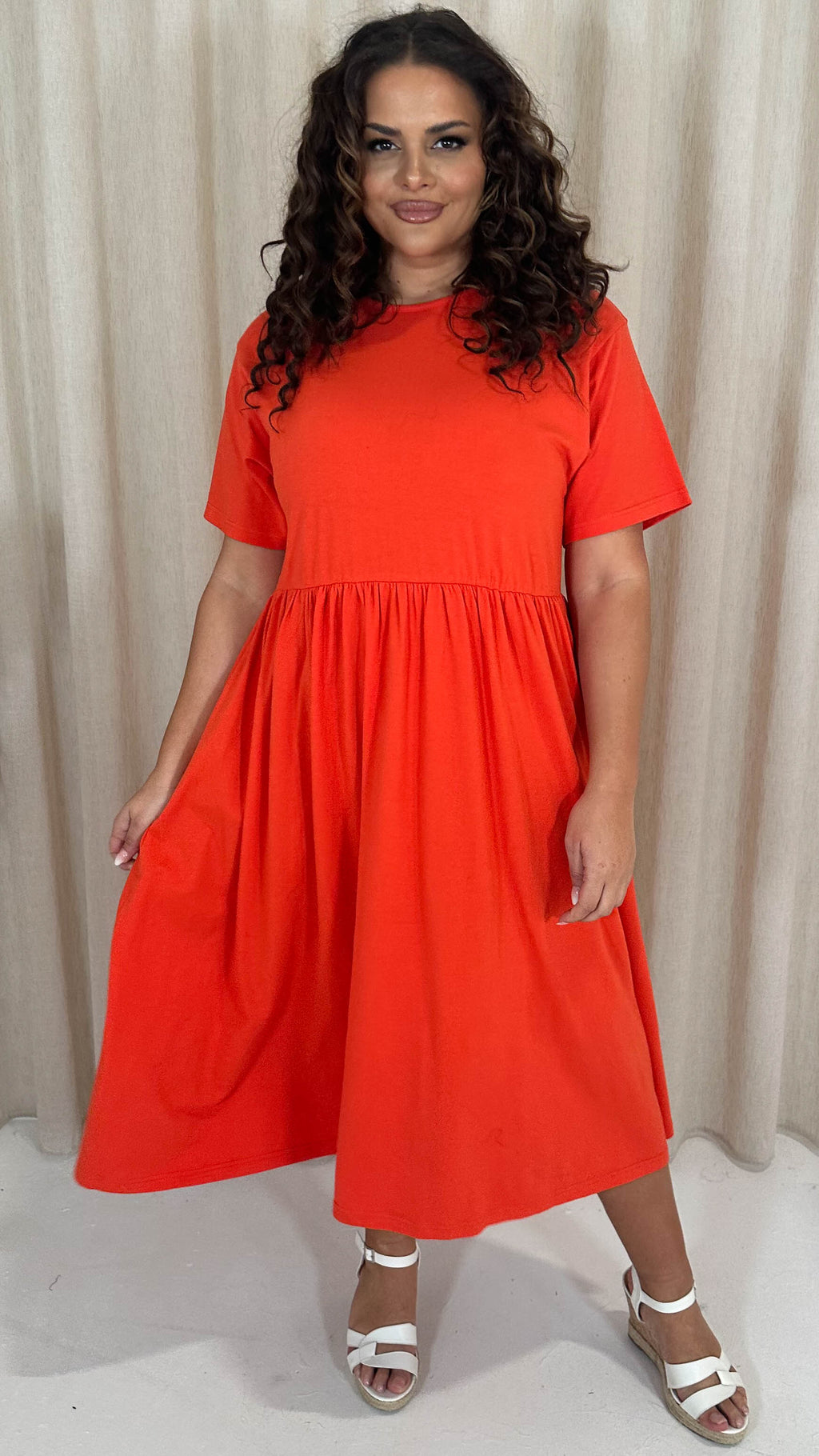 CurveWow Elasticated Waist Midi Dress Red/Orange
