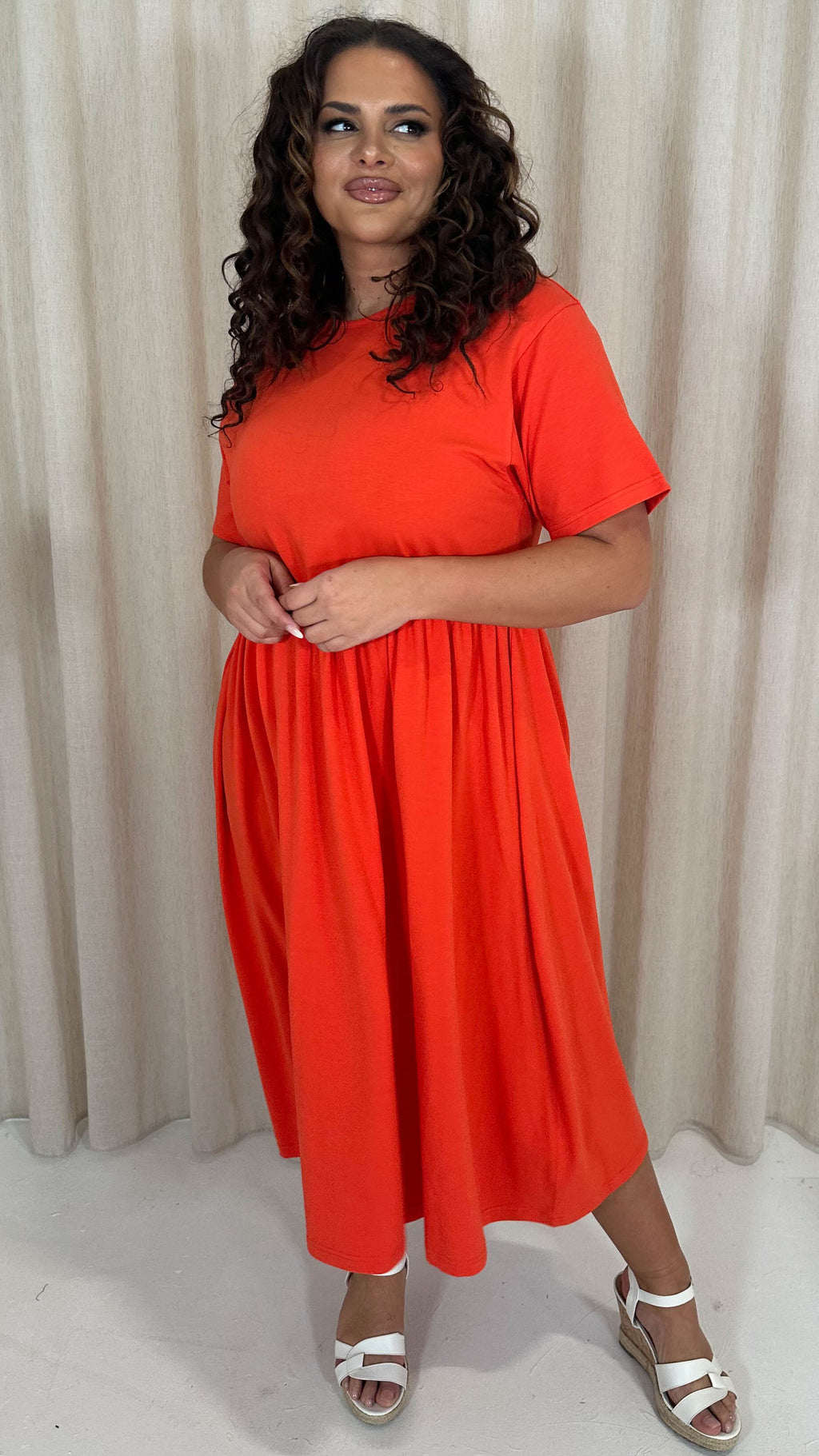 CurveWow Elasticated Waist Midi Dress Red/Orange