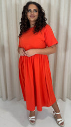 CurveWow Elasticated Waist Midi Dress Red/Orange