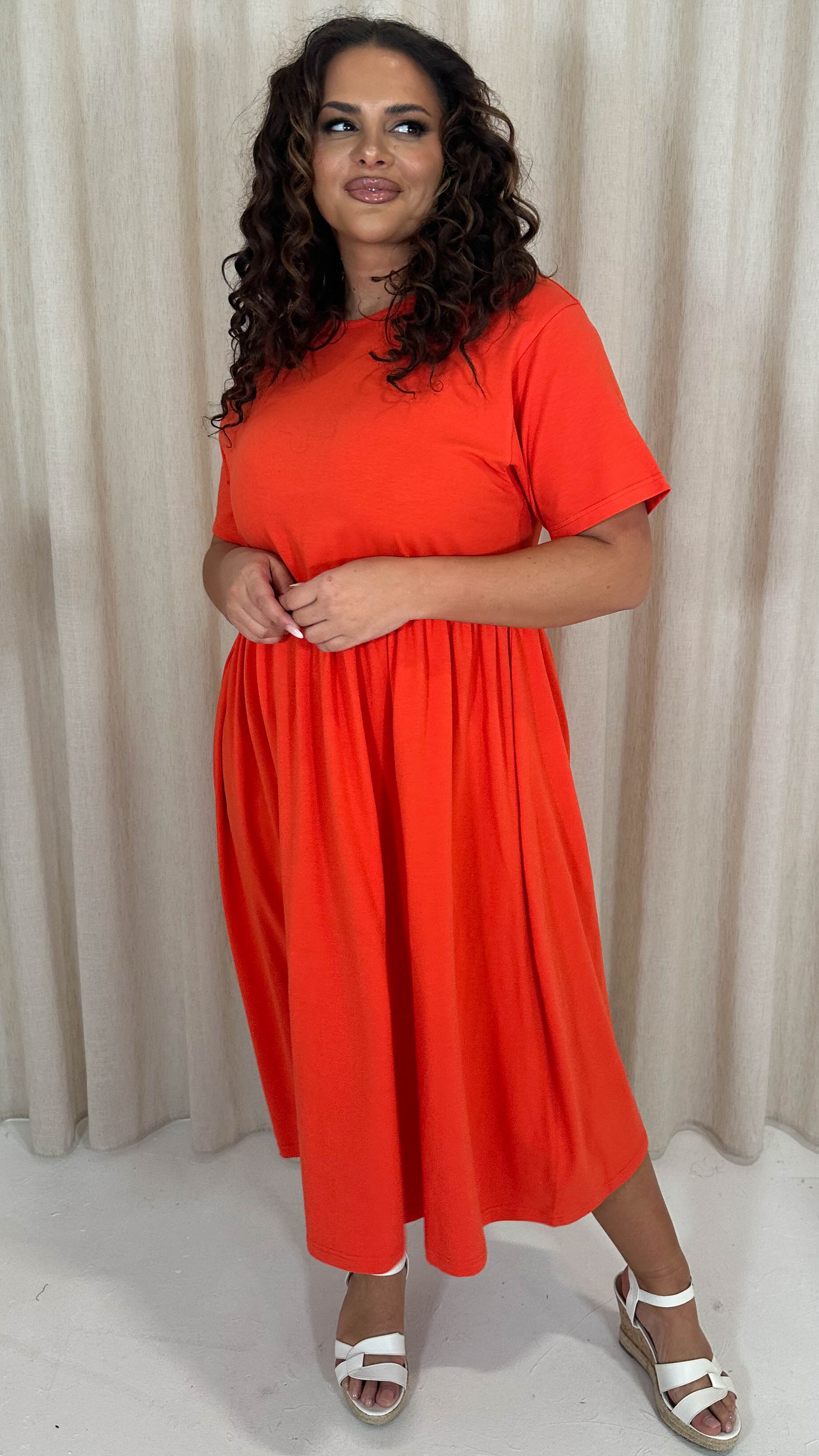 CurveWow Elasticated Waist Midi Dress Red/Orange