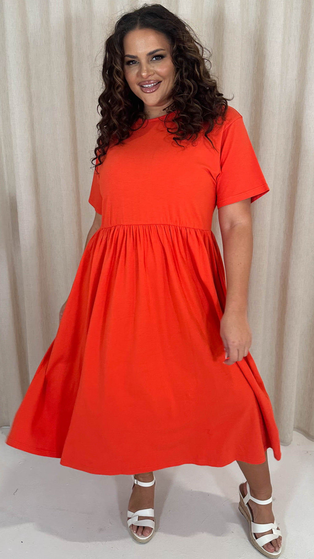CurveWow Elasticated Waist Midi Dress Red/Orange