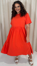 CurveWow Elasticated Waist Midi Dress Red/Orange