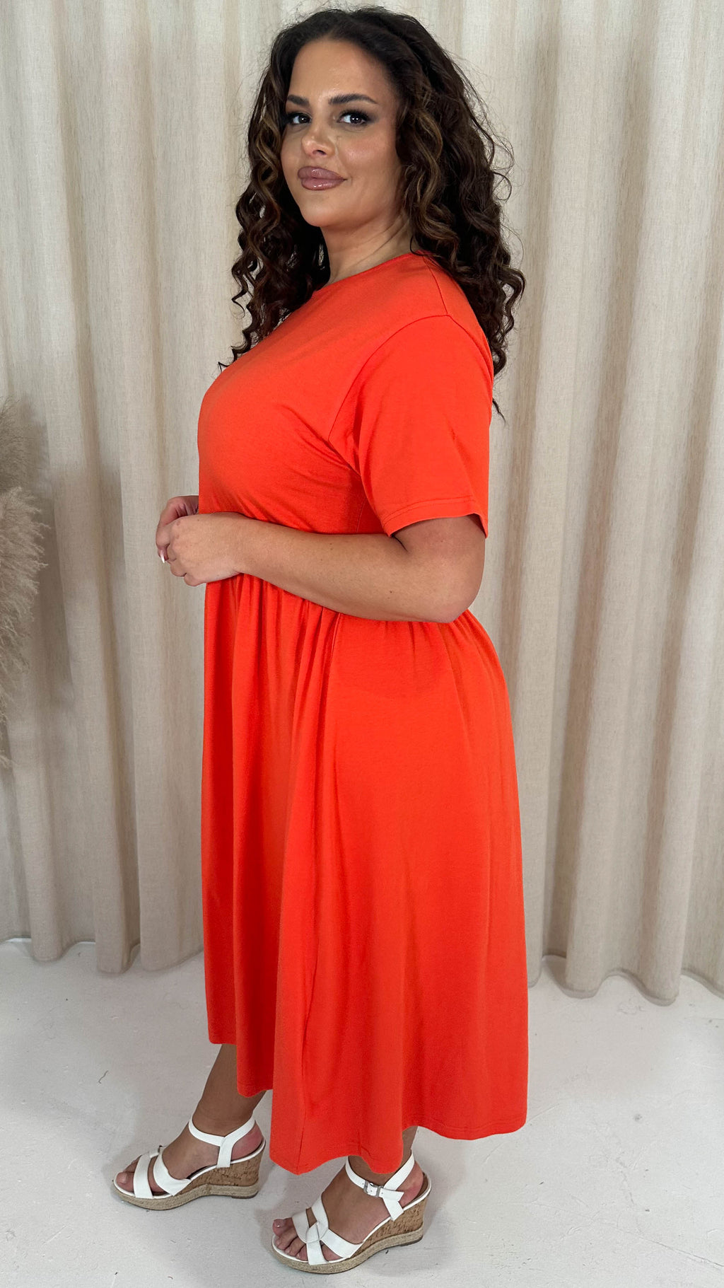 CurveWow Elasticated Waist Midi Dress Red/Orange