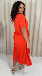 CurveWow Elasticated Waist Midi Dress Red/Orange