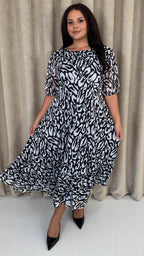 CurveWow Mesh Puff Sleeve Dress Black Leopard