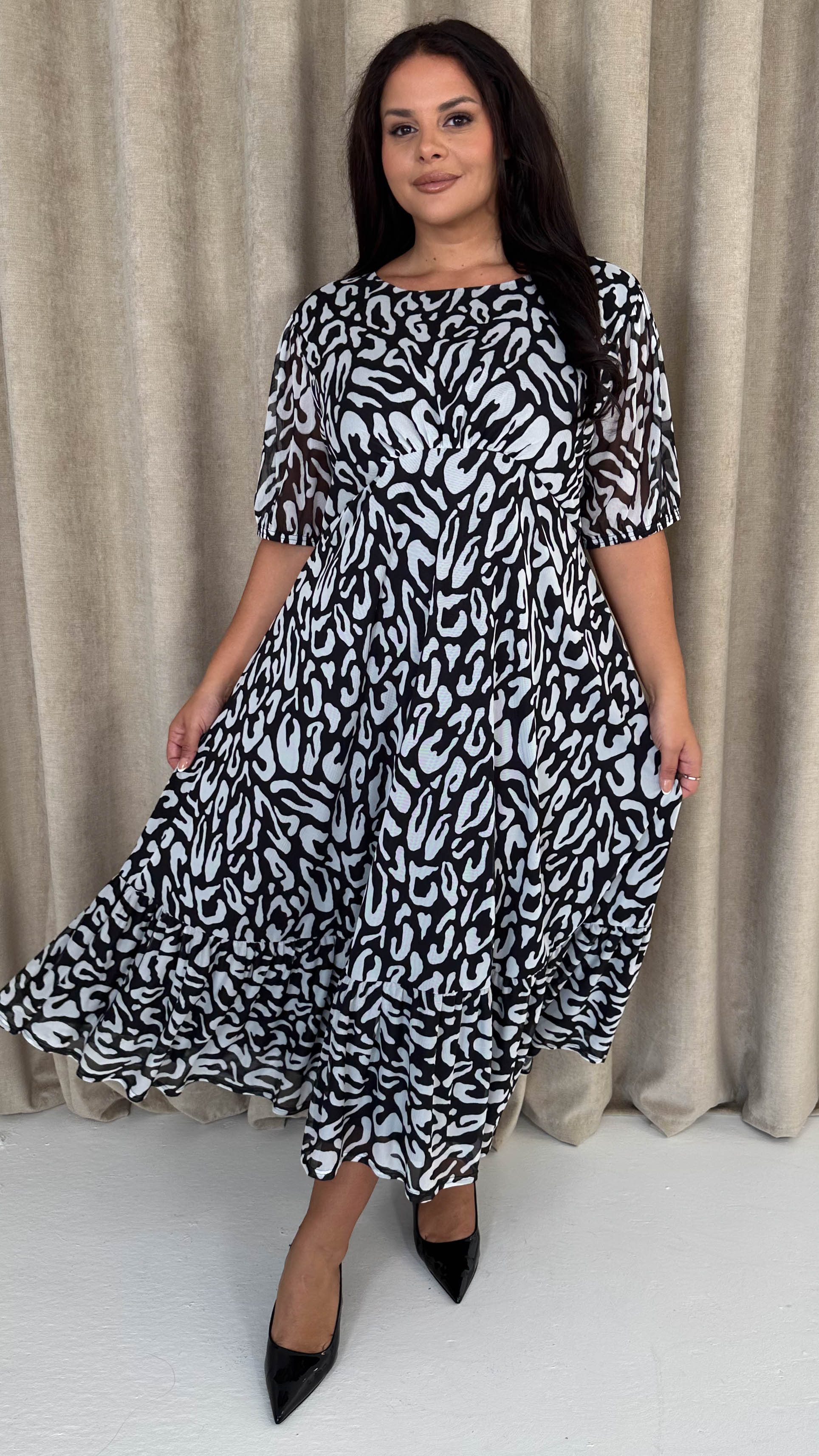 CurveWow Mesh Puff Sleeve Dress Black Leopard