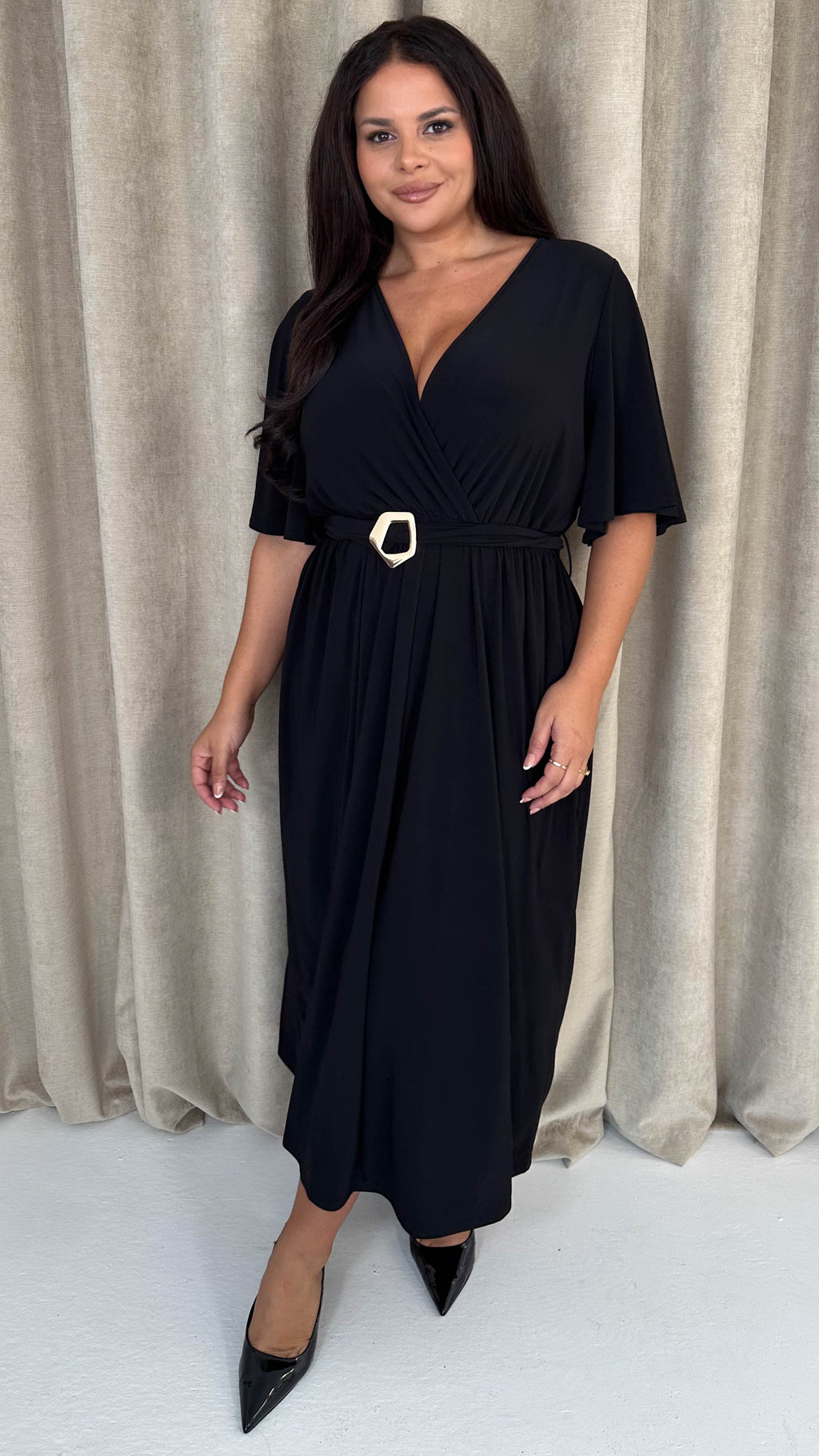 CurveWow Irregular Buckle Split Front Wrap Dress Black
