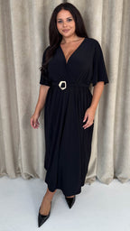 CurveWow Irregular Buckle Split Front Wrap Dress Black
