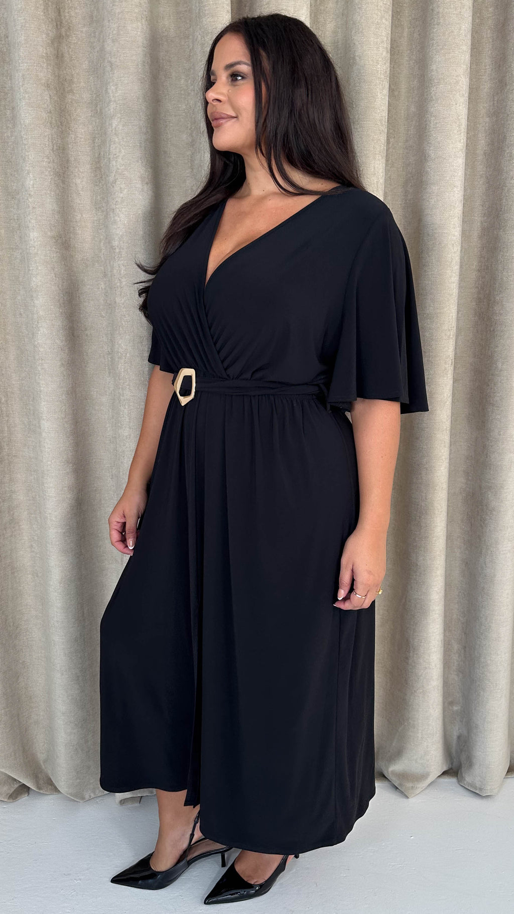 CurveWow Irregular Buckle Split Front Wrap Dress Black